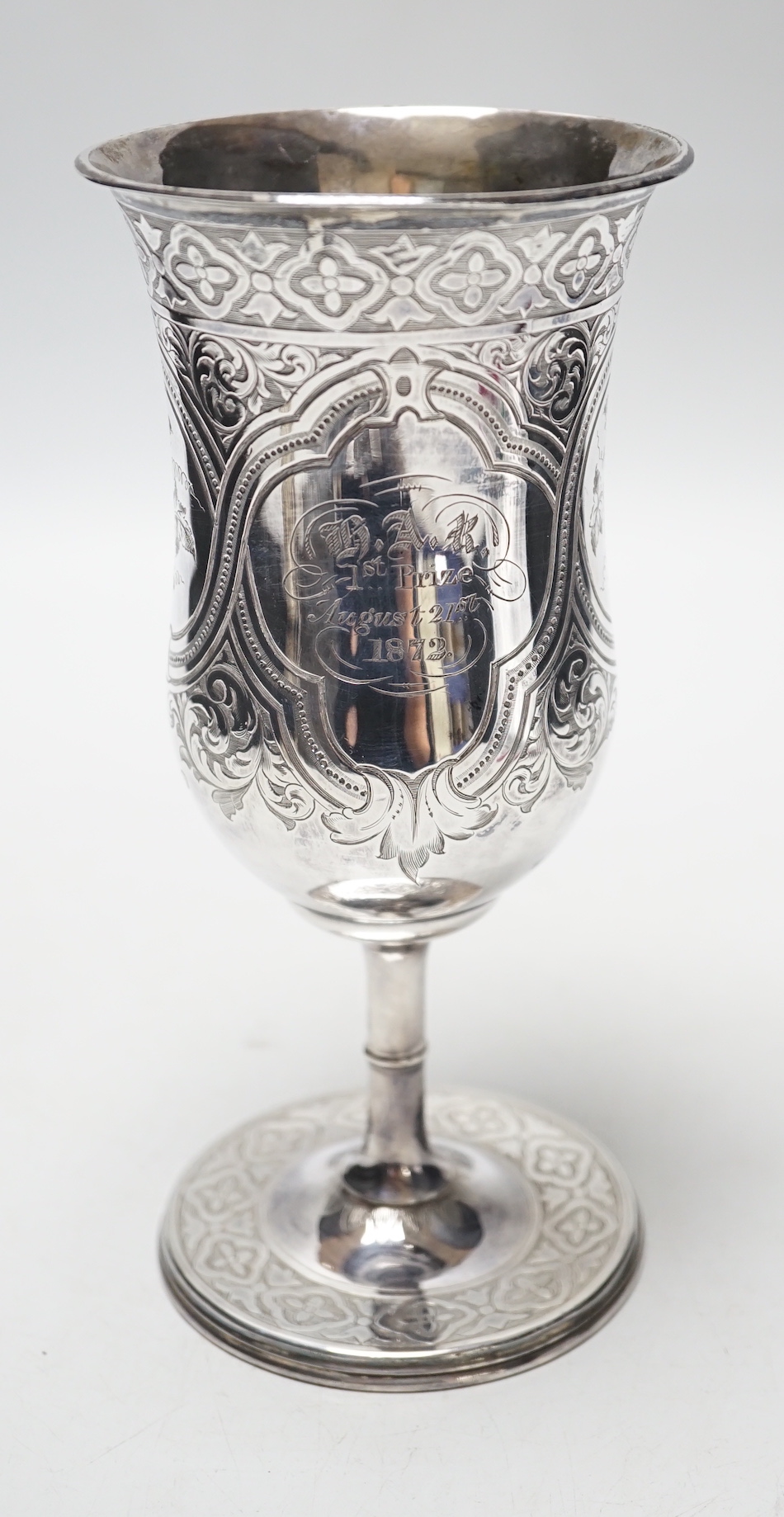 A Victorian silver engraved presentation trophy cup, IH, Sheffield, 1860, 19.1cm, 8.4oz.